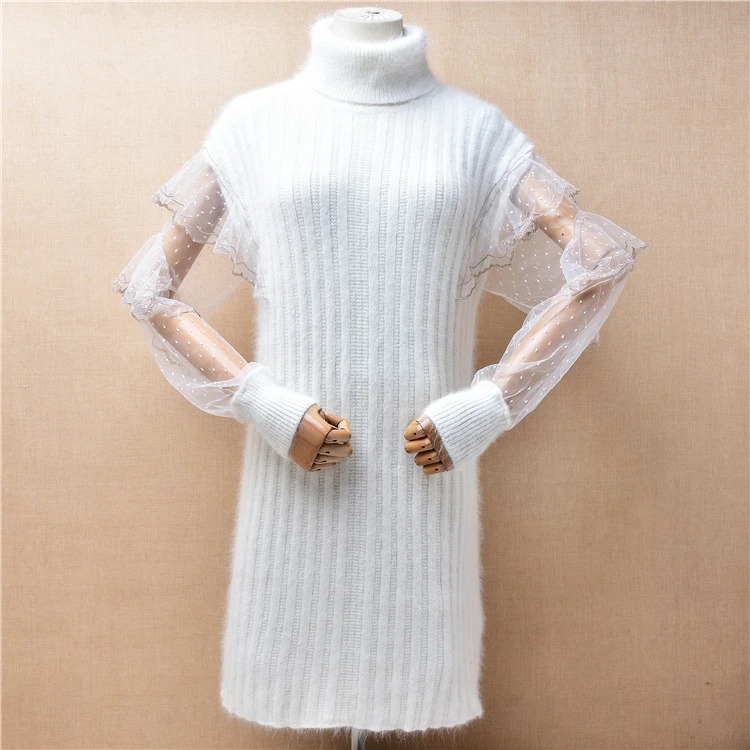 

Ladies Women Fall Winter Clothing White Striped Angora Rabbit Hair Knitted Turtleneck Lace Sleeves Slim Blouses Sweater Dress