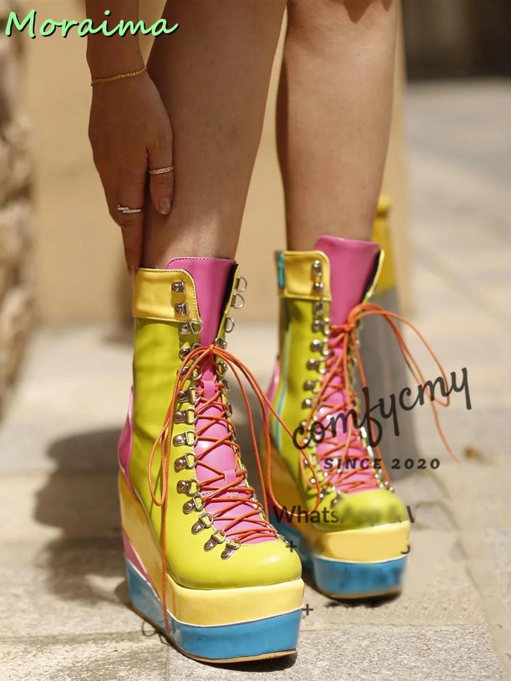 Platform Wedges Women Ankle Boots Round Toe Lace Up Mixed Colors Fashion Side Zipper Designer 2023 New Arrivals European Style