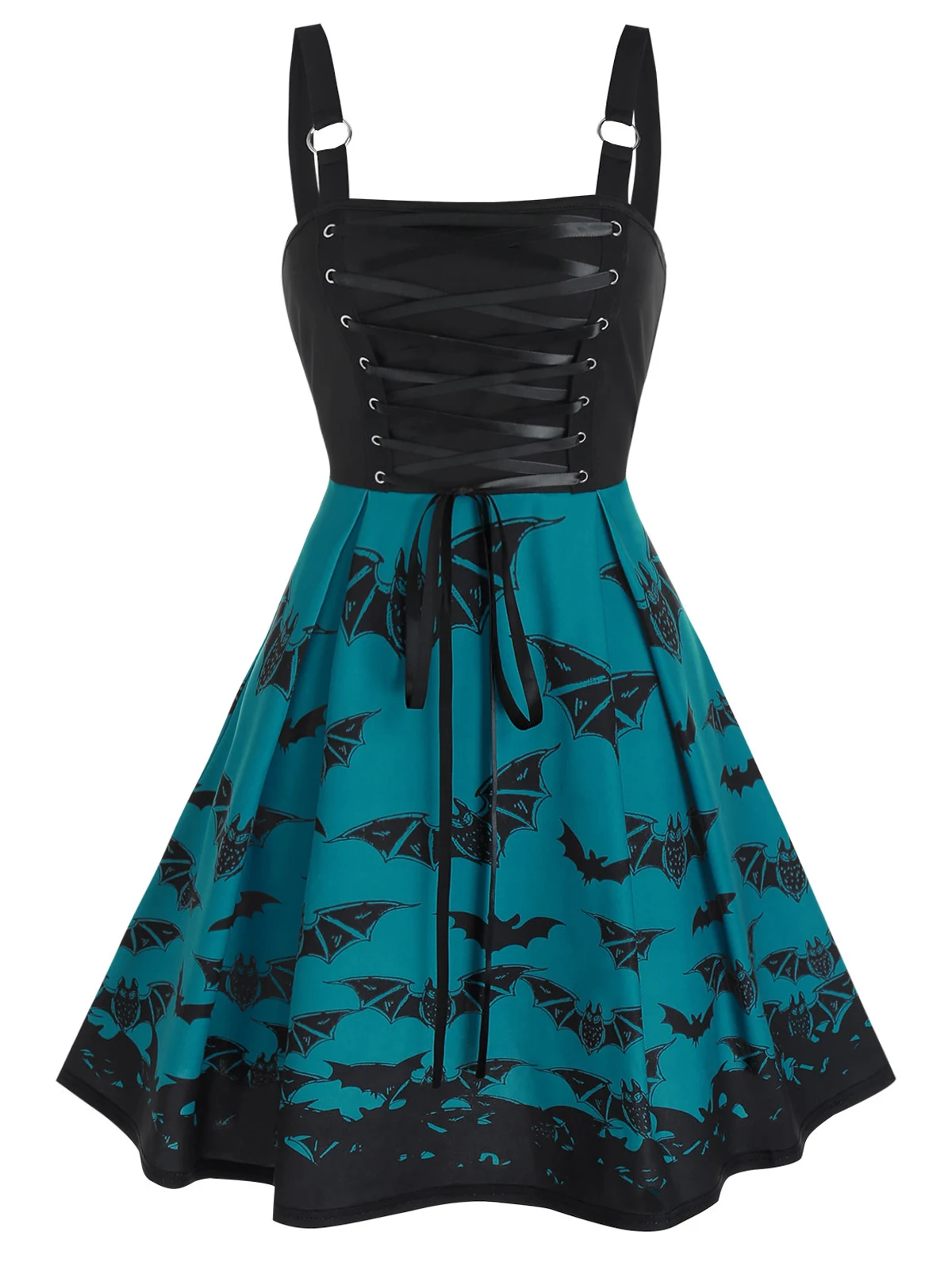 

ROSEGAL Gothic Lace Up Bat Print Halloween Dresses 5XL Colorblock High Waist Sleeveless A Line Party Mini Cami Dress Vestidos