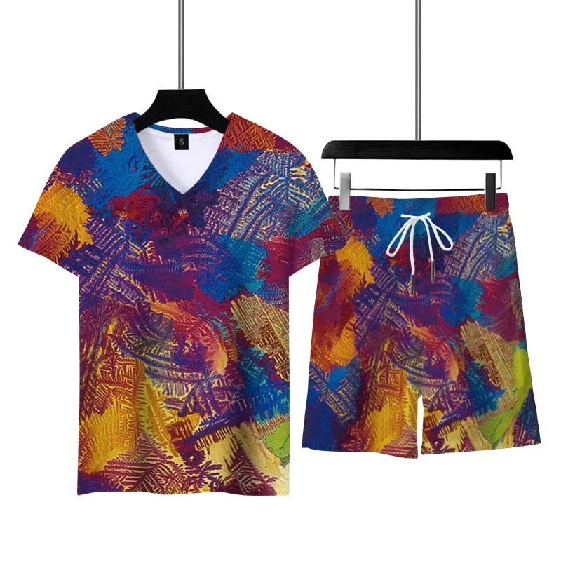 Summer Men's Tracksuit Casual Short Sleeve 3D Print Harajuku Outfit V- Neck Men Clothing T-shirt Plus Size Comfortable Top