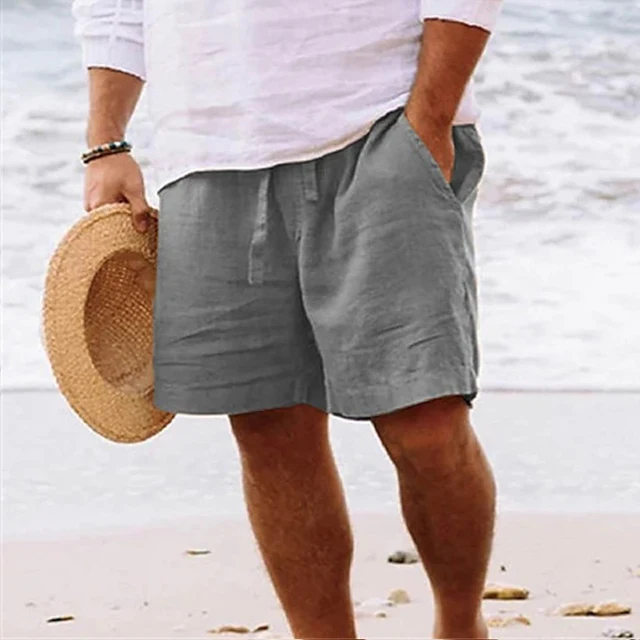 Шорты мужские однотонные хлопково-льняные, винтажные повседневные свободные короткие штаны на шнуровке, для отдыха, с морской стороной, на весну-лето