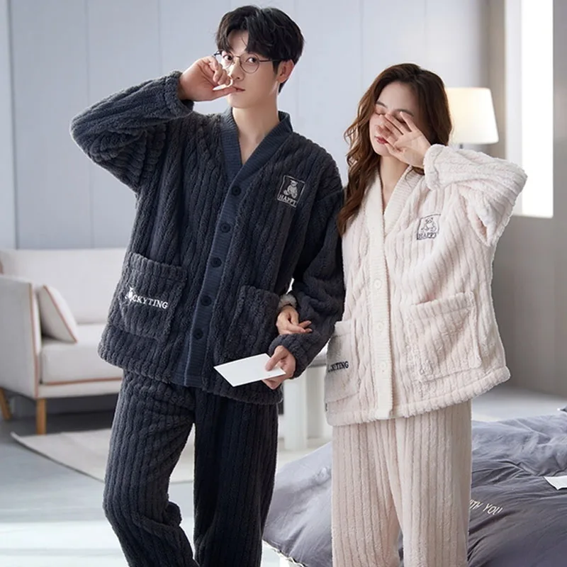 QUHENG 2022 Winter Long Sleeve Thick Warm Flannel Pajama Sets for Men Coral Velvet Sleepwear Suit Pyjamas Homewear Clothes