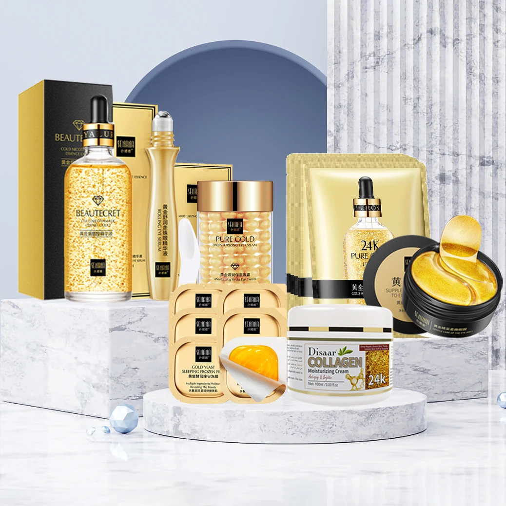 

24K Gold Skincare Set Nicotinamide Face Essence Fade Dark Eye Circles Collagen Eye Cream Firming Skin Eye Mask Face Care Kit