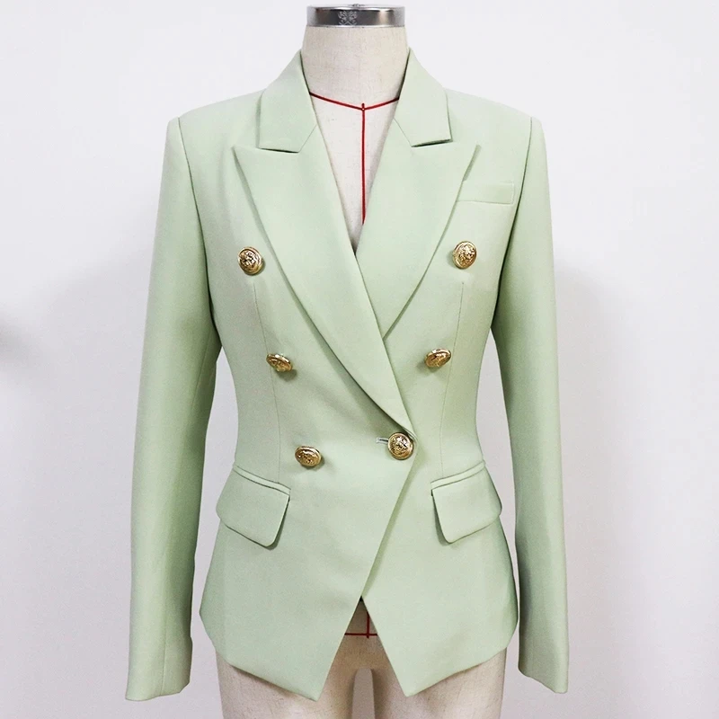 HIGH QUALITY New 2023 Classic Designer Women's Metal Lion Buttons Double Breasted Blazer Jacket Tender green