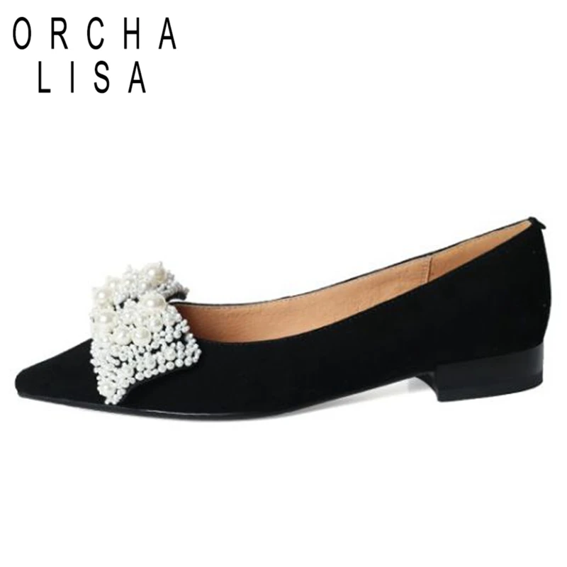 

ORCHA LISA Women Pumps Pointed Toe Block Heel Bowtie Appliques Pearls Genuine Leather Slip-on Black Beige Spring S3246