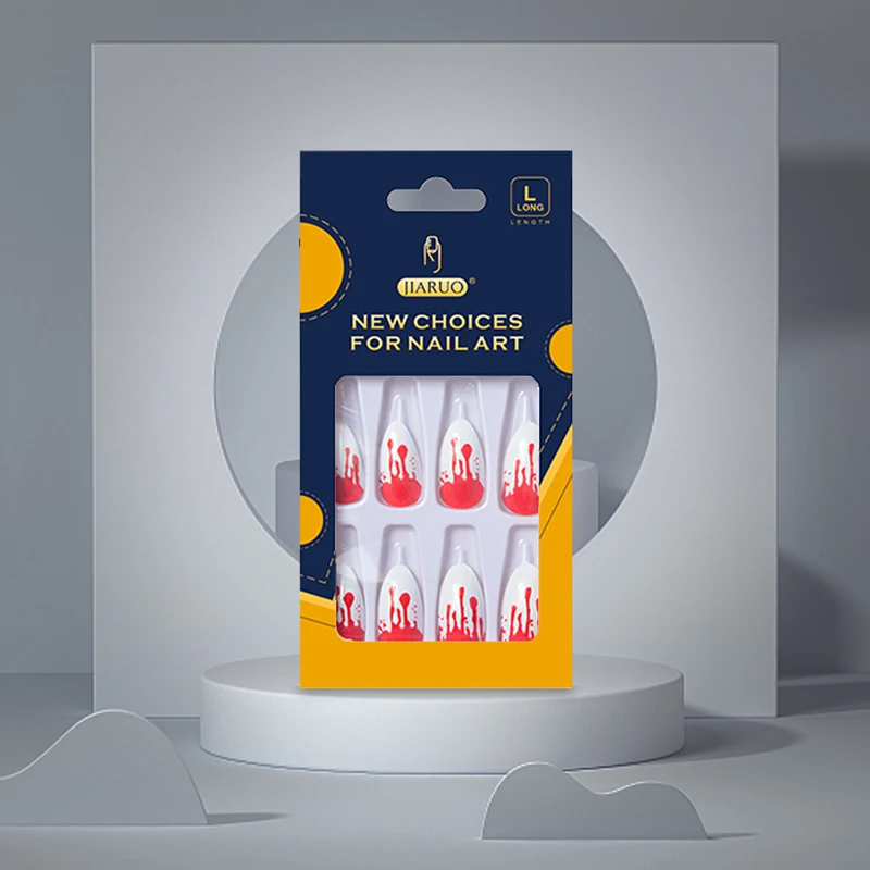 

JIARUO 24PCS/BOX Long Almond Press Nails Y2k Full Coverage Nail Sticker Red Blood Tip Nail Design Fake Nail Halloween Press Nail