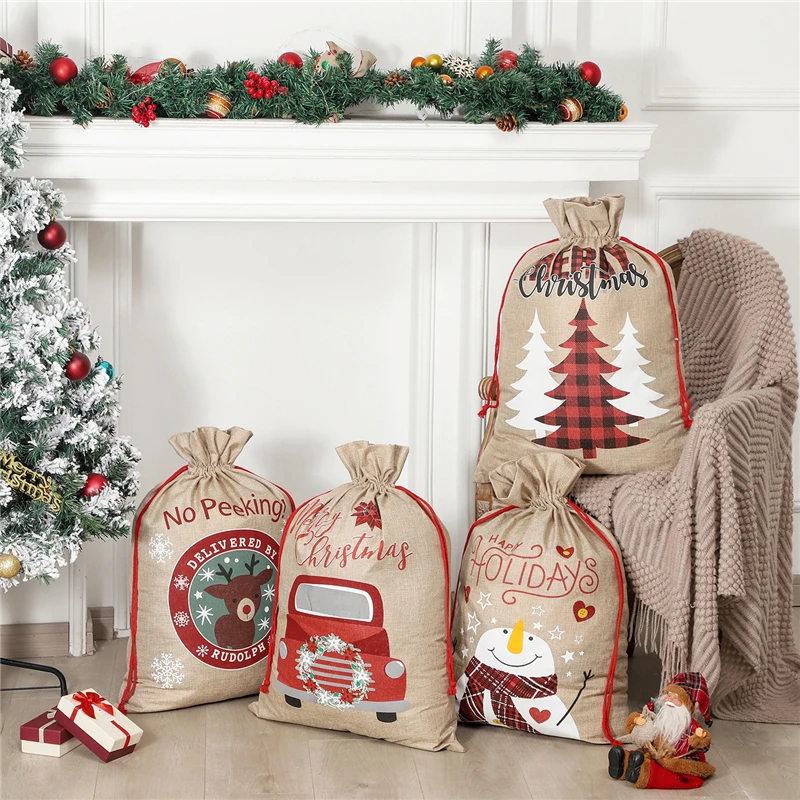 Новый год 2023 большие рождественские сумки для чулок льняные подарочные с Санта