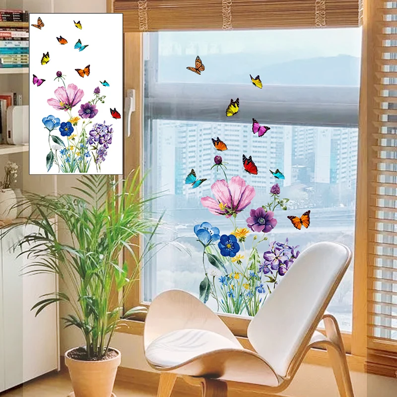 

Двусторонняя наклейка на окна с видимыми стенами, клеящиеся обои, Электростатическая наклейка для домашней комнаты, бабочки, цветы, украшен...