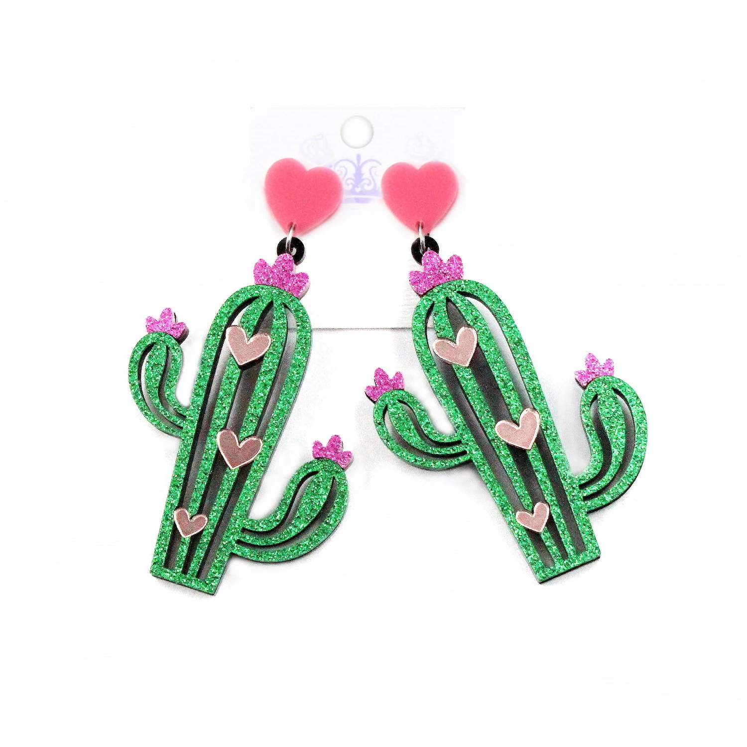 

(1pair) Cactus Dangle Earrings Mirror Heart Green Glitter Cactus Acrylic Earrings