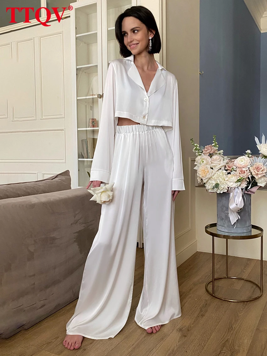 

TTQV элегантный белый комплект из двух предметов для женщин 2023 модная короткая рубашка с длинным рукавом с отворотом и простые широкие брюки с высокой талией