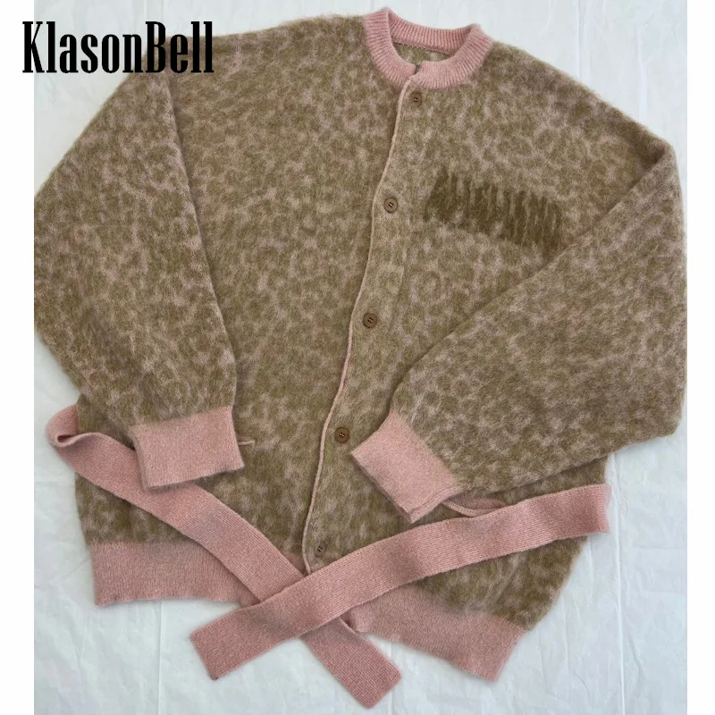 

11,7 KlasonBell модная новинка Леопардовый принт о-образный вырез однобортный мягкий удобный мохеровый вязаный кардиган пальто с поясом для женщин