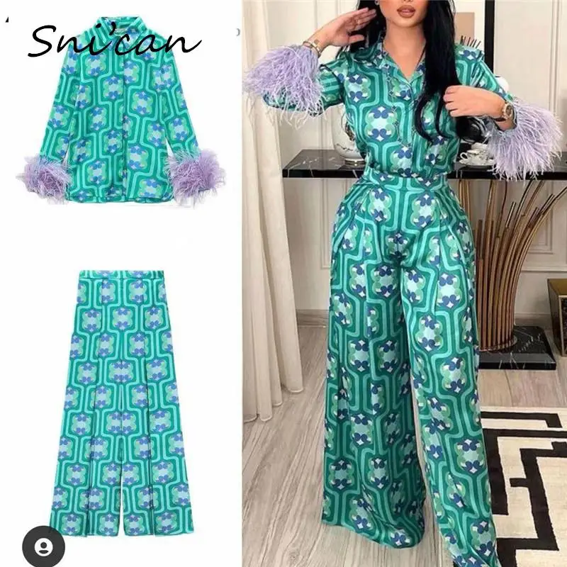 

Blue Feather Cuff Women Blouse Fashion Spring Summer Long Sleeve Turn Down Collar Satin Ladies Shirts Loose Female Chic Tops