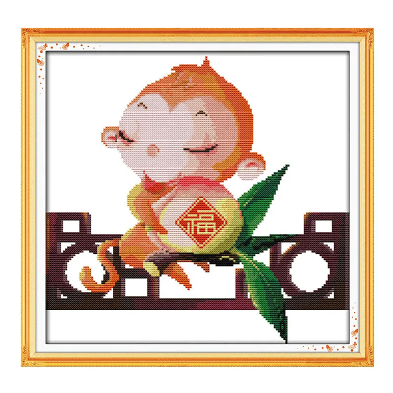 

Monkeys bring blessing cross stitch kit Chinese word Aida count 14ct 11ct printed embroidery DIY handmade needlework supply