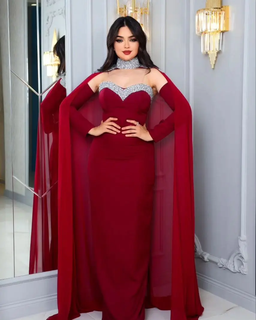 

Роскошные вечерние платья 2023 с накидкой, бусинами, на бретелях-спагетти, шифоновые официальные платья с длинным рукавом, Средний Восток, стандартное платье