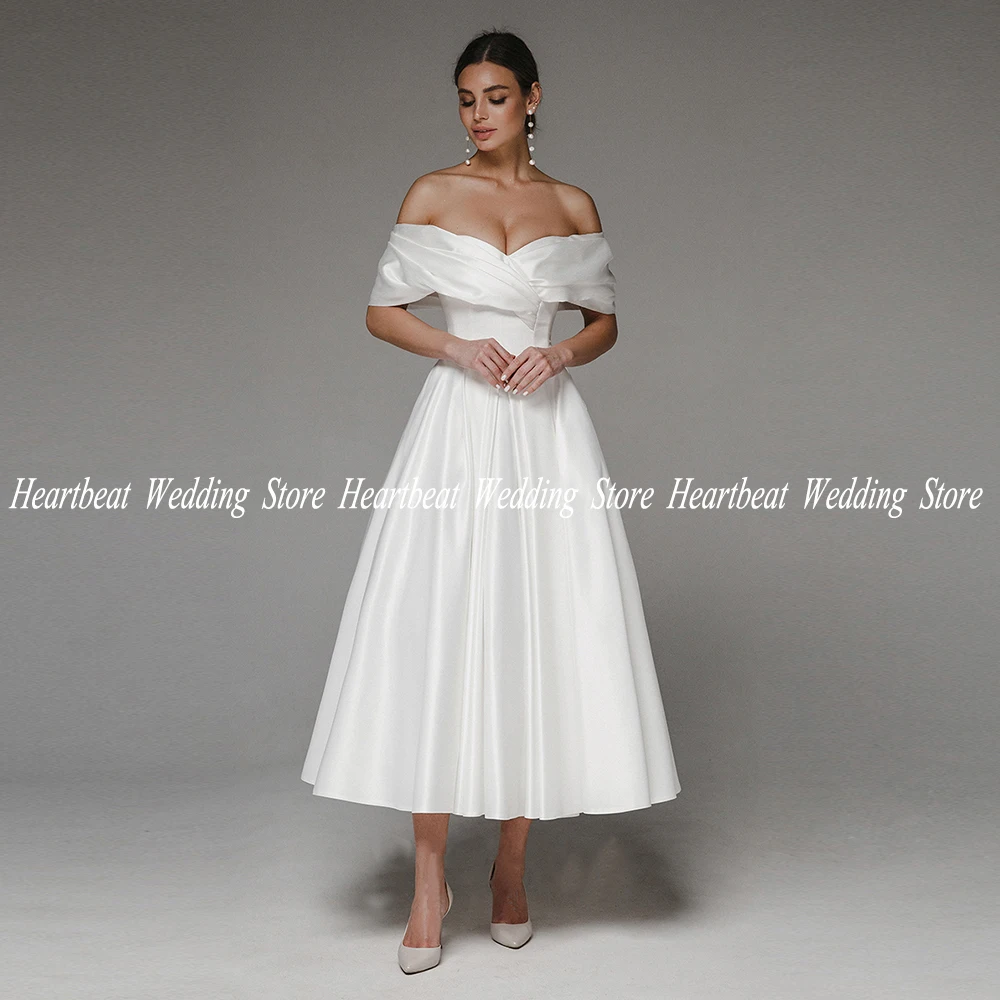 

Элегантное облегающее вечерние ное платье для невесты, простое белое атласное Свадебное платье с открытыми плечами, а-силуэт, длиной до середины икры
