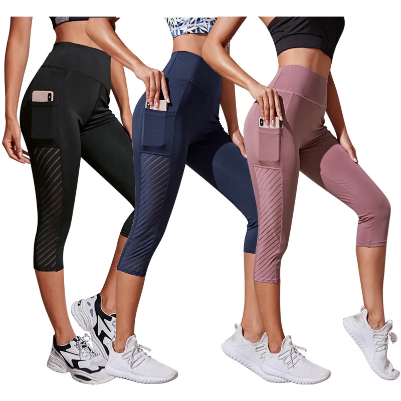 

AQEK Calf Length Grid 3/4 Yoga Pants Capri Sweatpants Women's Fitness Gym High Waist Leggings Girls black Yoga running leggings
