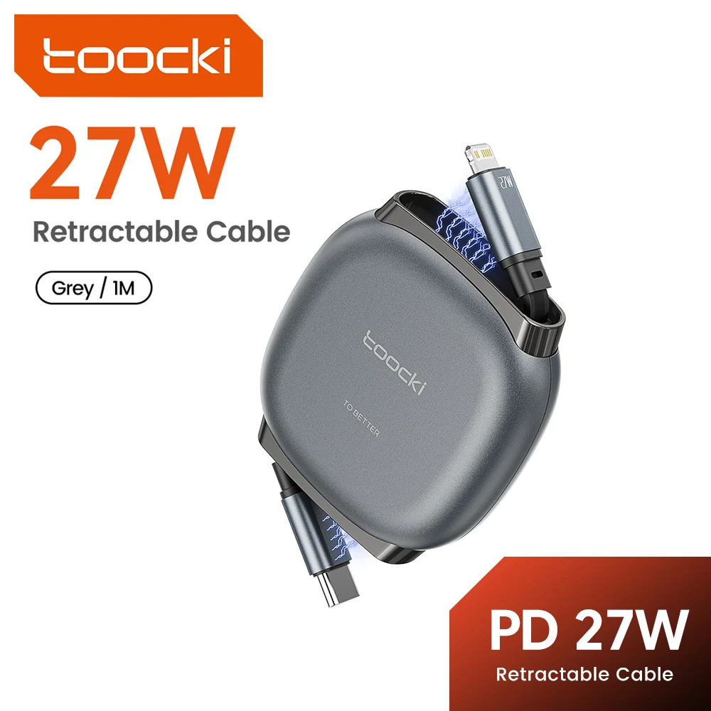 Фото Кабель Toocki 27W Smooth Retractable USB C-Lightning для быстрой зарядки iPhone 14 13 Pro Max, iPad, магнитный, плоский, из TPE, для передачи данных №1