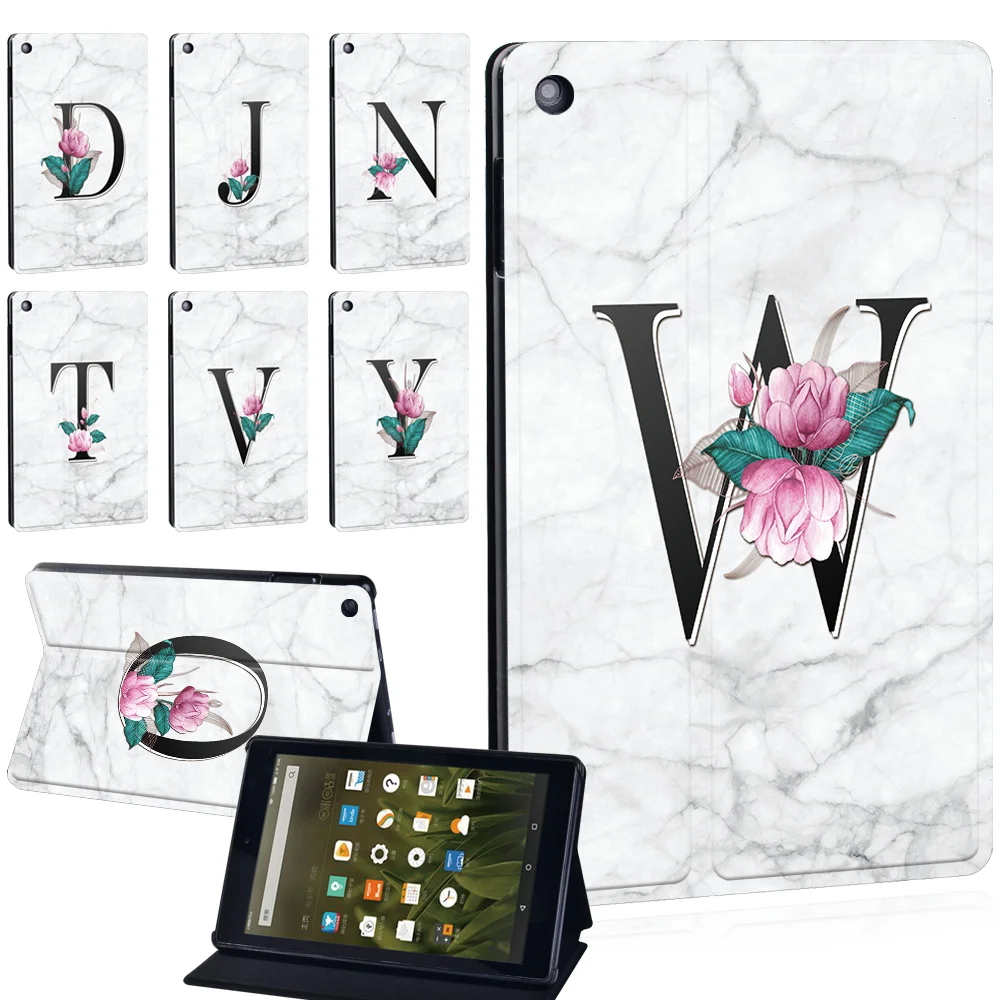 

Tablet Case for Fire 7/HD 8 10/HD 8 Plus/10 Plus(11th Gen 2021) PU Leather Stand Cover Shell 26 Letters on White Marble Pattern