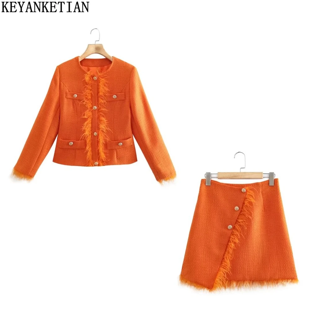 KEYANKETIAN Women's Tweed Suit Two-piece Spring and Autumn New Feather Decoration Orange Fashion Small Fragrance Mujer Suit