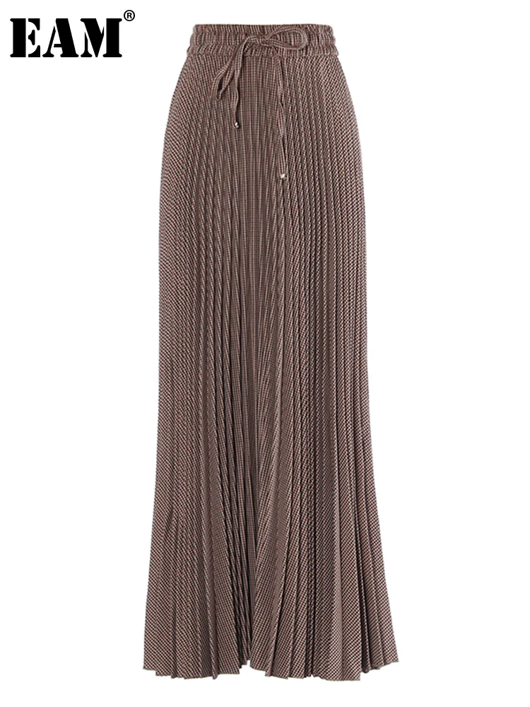 

[EAM] высокая эластичная талия хаки клетчатая плиссированная Длинная элегантная юбка средней длины женская модная новинка весна осень 2023 1DH2408