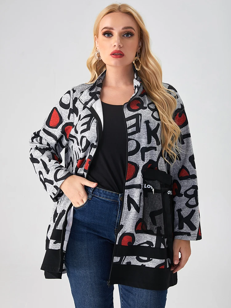 

fall ladies Plus Size coats and jackets women Fashion laege size Vintage black cropped letter print jacket