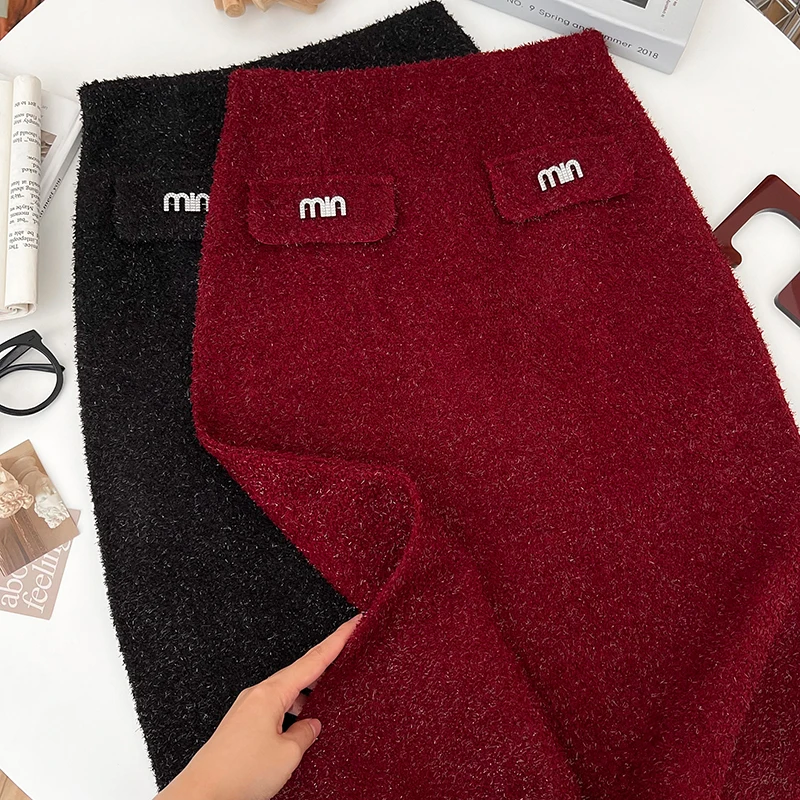 Красная полуюбка 2024 женская осенне-зимняя яркая шелковая утолщенная юбка