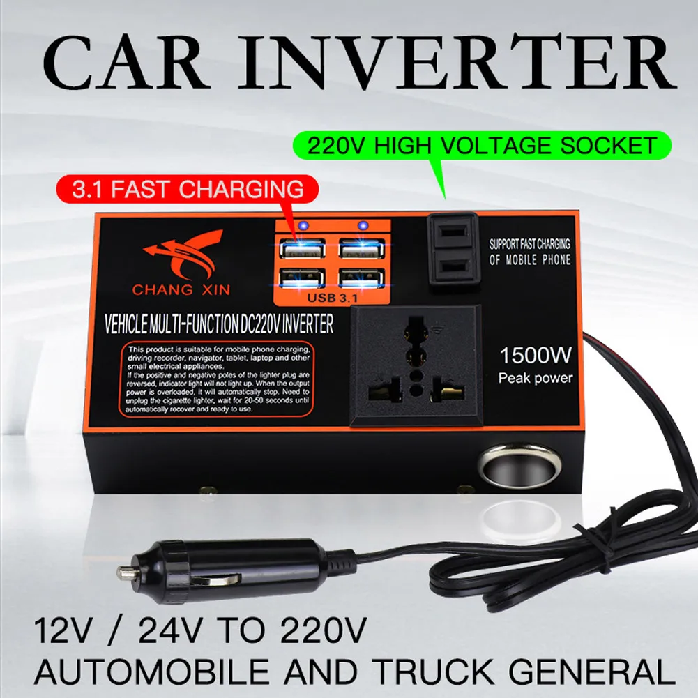 

1500w Power Inverter Adapter Converter 12v/24V To DC 110V/220v Car Chargers Trip Multi-functional 4 USB Fast Charging Sockets
