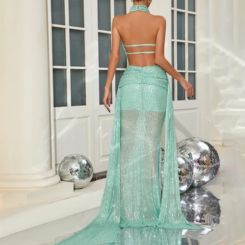 Роскошные блестящие вечерние платья женские элегантные красивые Холтер макси