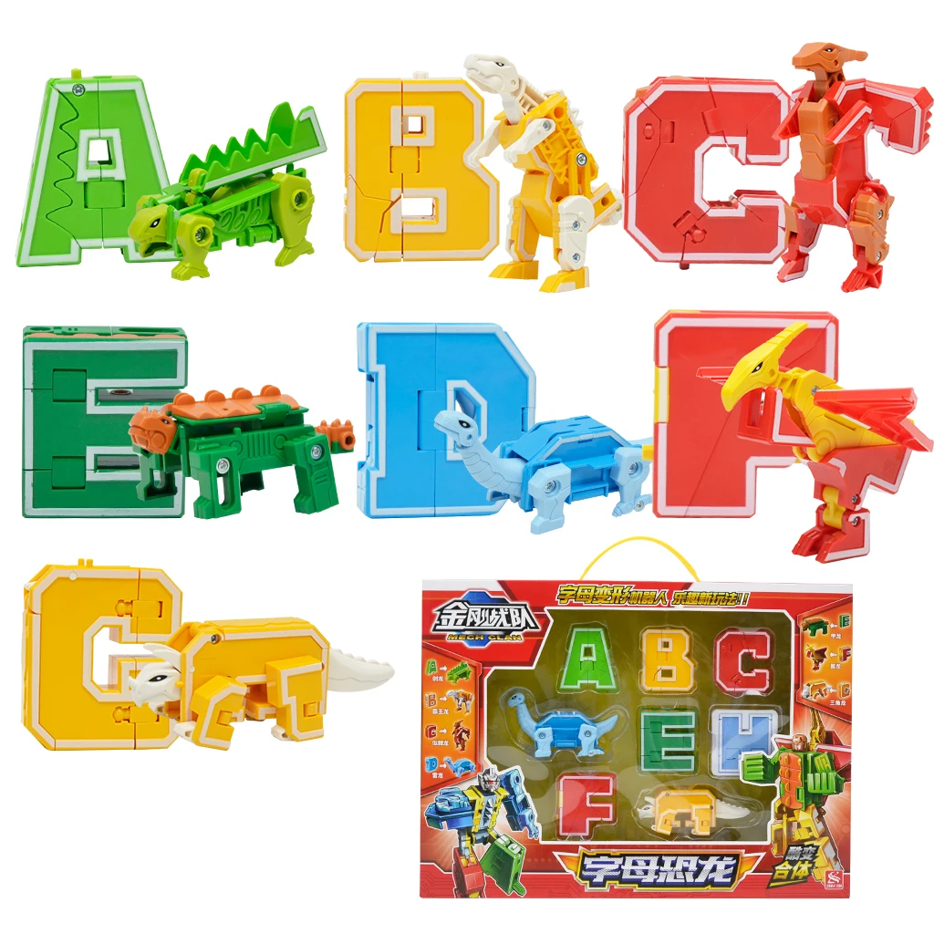 

7Pcs Dinosaur Alphabet Blocks Transform Robots Toy Playset Combinate to Big Robot - Early Letter Learning Education for Kid Boys