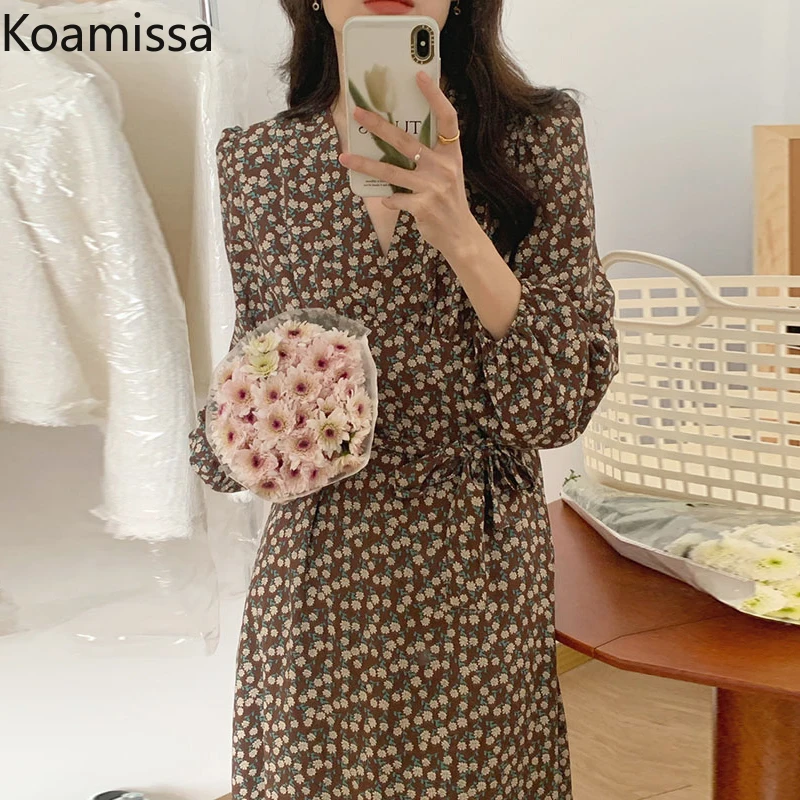 Koamissa Women 2022 Spring Autumn Vestidos Korean Style Vintage Floral Long Dress Elegant Puff Sleeve Lace-up Party Dresses Robe