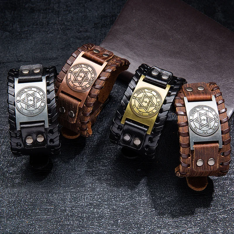 

Fashionable Charm Wide Leather Bracelet for Men Punk Hexagon Male Wristband Viking Bracelet Mens Jewelry Party Accessories