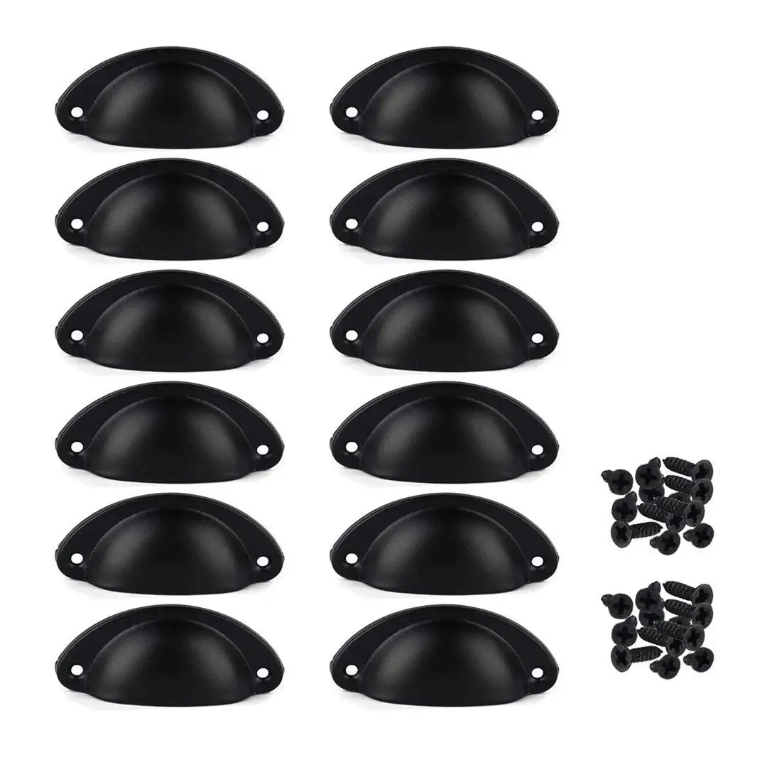 

12Pcs Door Drawer Cabinet Iron Shell Cup Semicircle Handle Pull Knob With Screws 8.1Cmx3.2Cm (Black)