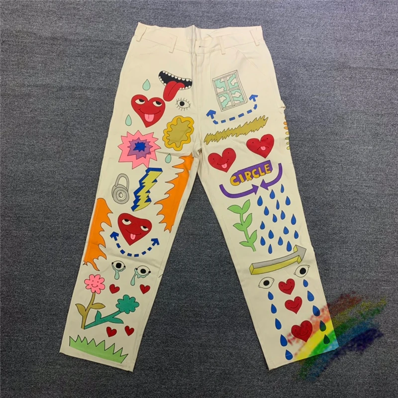 Top Version High Street Apricot Vintage Hand Drawn Cartoon pattern Cargo Pants Trousers