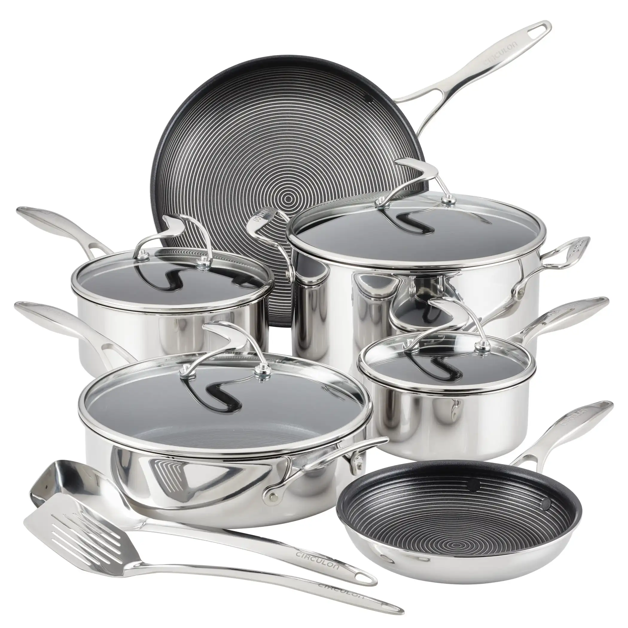

Free Shipping 12Pc Clad Stainless Steel Cookware and Utensil Set with Hybrid SteelShield and Nonstick Technology Silver