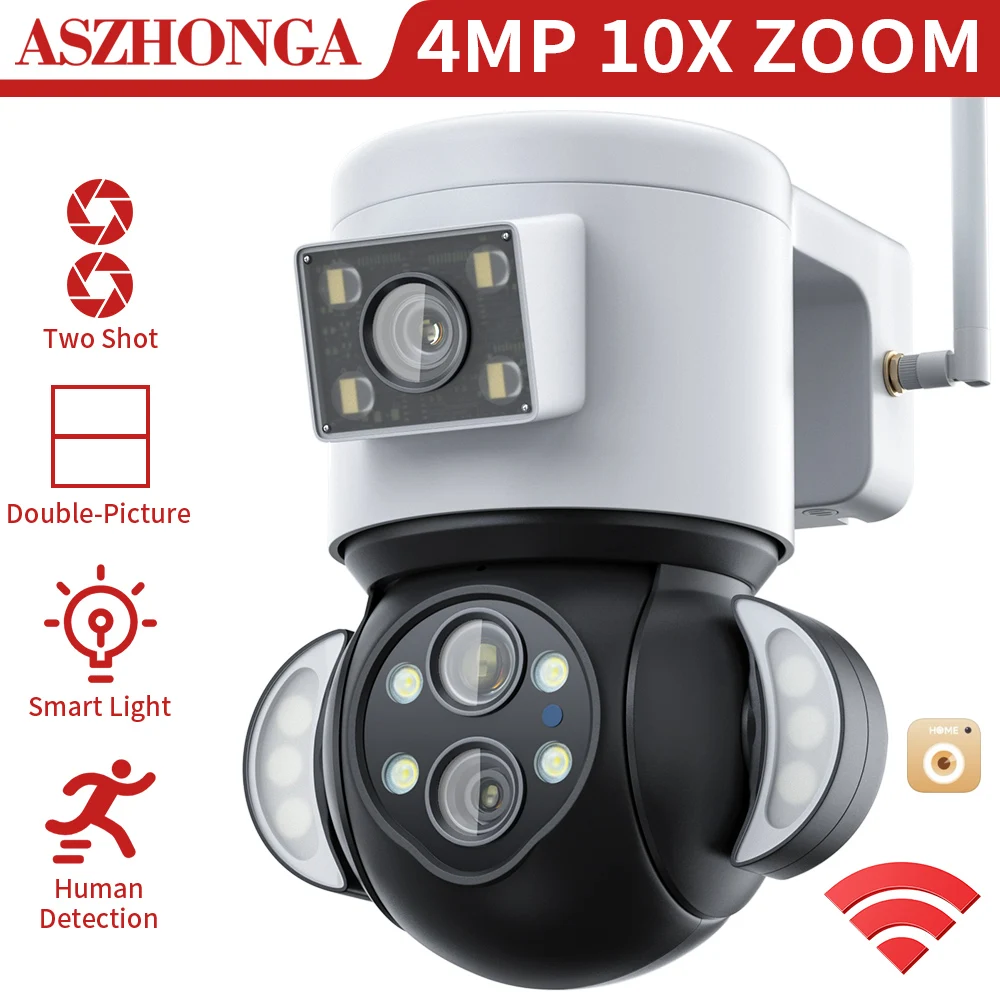 Pаспродажа Камера видеонаблюдения ASZHONGA 2K с 10-кратным зумом, прожектор 2 в 1 с Wi-Fi, 4 МП, PTZ, с автоматическим слежением, с несколькими объективами
