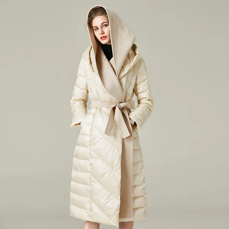 Autumn and Winter Long White Duck Down Jacket Women's New Stitching Large Size Women's Hooded Thick Coat