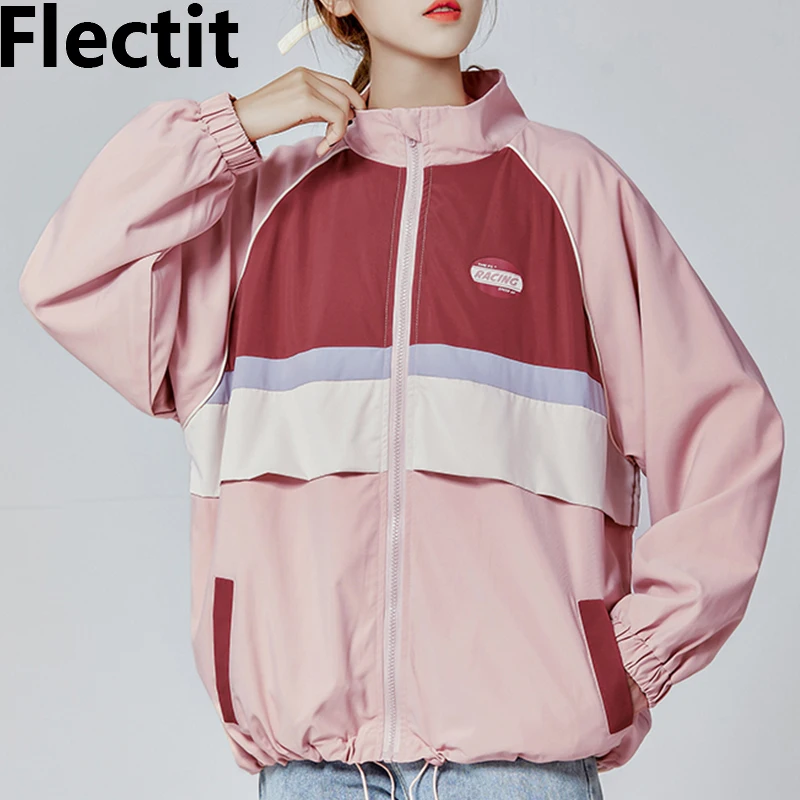 

Flectit Women Windbreaker Jacket Pink Color Block Drawcord Hem Slant Pocket Hooded Lightweight Zip Up Coat mujer chaqueta