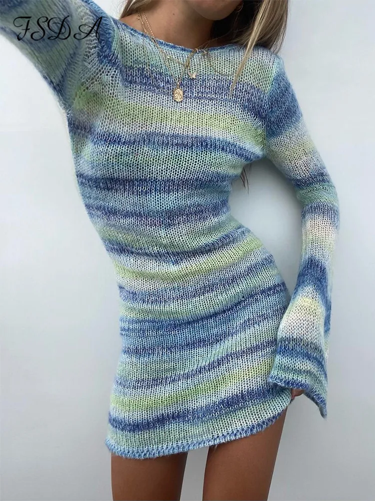 

FSDA Blue Sexy Knitted Backless Dress Mini Bodycon Y2K Long Sleeve 2022 Women Party Dresses Beach Club Summer Outfits