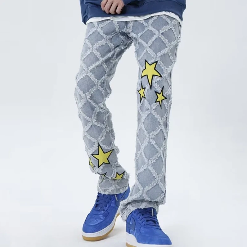 Джинсы мужские уличная мода тонкие весенне-осенние в клетку со звездами