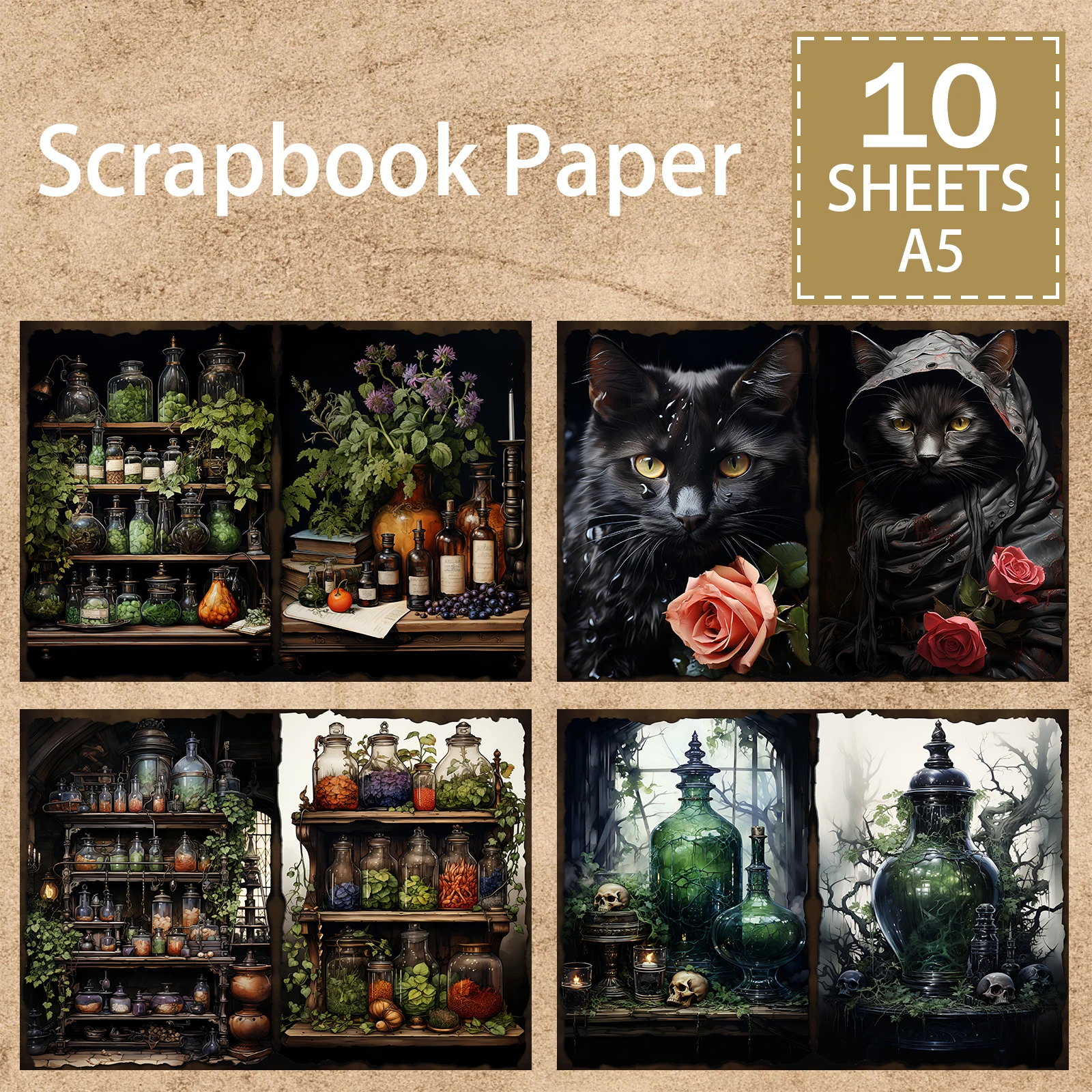 10 arkuszy A5 rozmiar Хэллоуин ведьма хрустальный шар черный кот ядовий фон винтажный