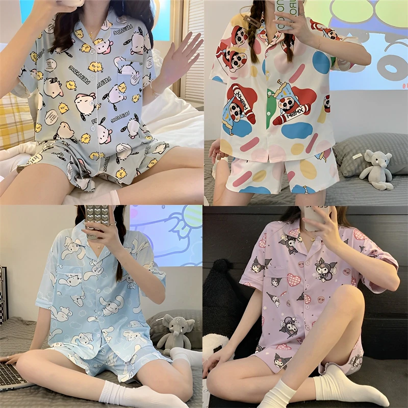 

Kawaii Sanrio пижамы понравило Cinnamoroll Kuromi милый аниме летний студенческий костюм с коротким рукавом Домашняя одежда с принтом подарок для девочки