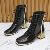 2022 womens leather ankle boots thick high heel square toe boots lace up zipper womens boots fall winter brown 34 39