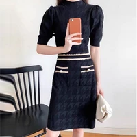 2022 autumn french style small fragrance dark pattern pearl buckle temperament ladies knitted dress