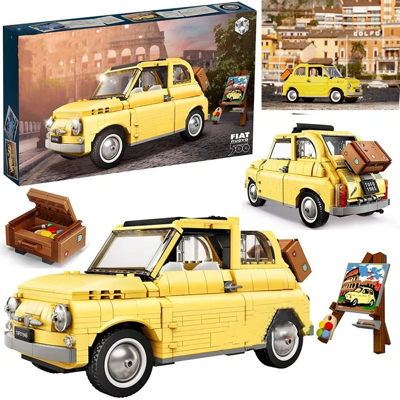 

Fiat 500 Yellow Car Building Blocks Bricks Compatible 10271 77942 Birthday Christmas Gift Automobile Model Toys