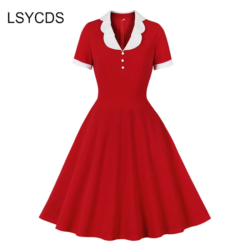 LSYCDS Vintage Summer Dresses A Line Turn Down Collar Short Sleeve Red Dresses Hepburn Femme Elegant 50s 60s Retro Dress