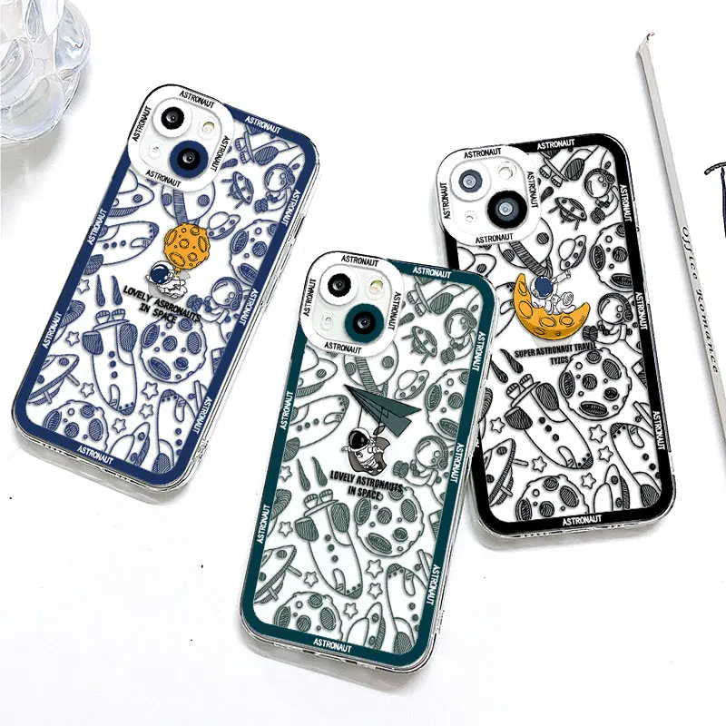 

Funny Astronaut Phone Case For iPhone 14 13 12 11 Pro Max Mini X XR XSMAX SE20 8 7 6 6S Plus Transparent TPU Lens Creative Cover