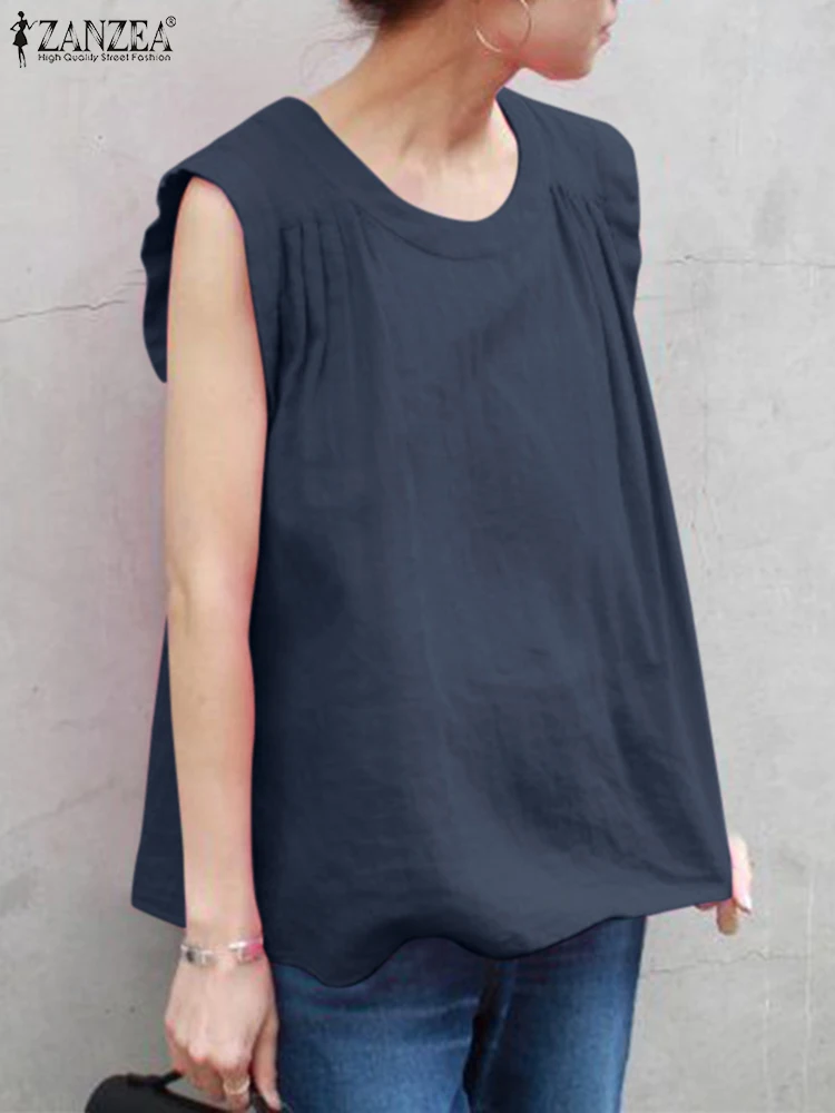 

Fashion Summer Women Blouse ZANZEA Vintage O Neck Solid Holiday Shirt Female Beach Camis Tanks Pleated Blusas Lady Party Chemise
