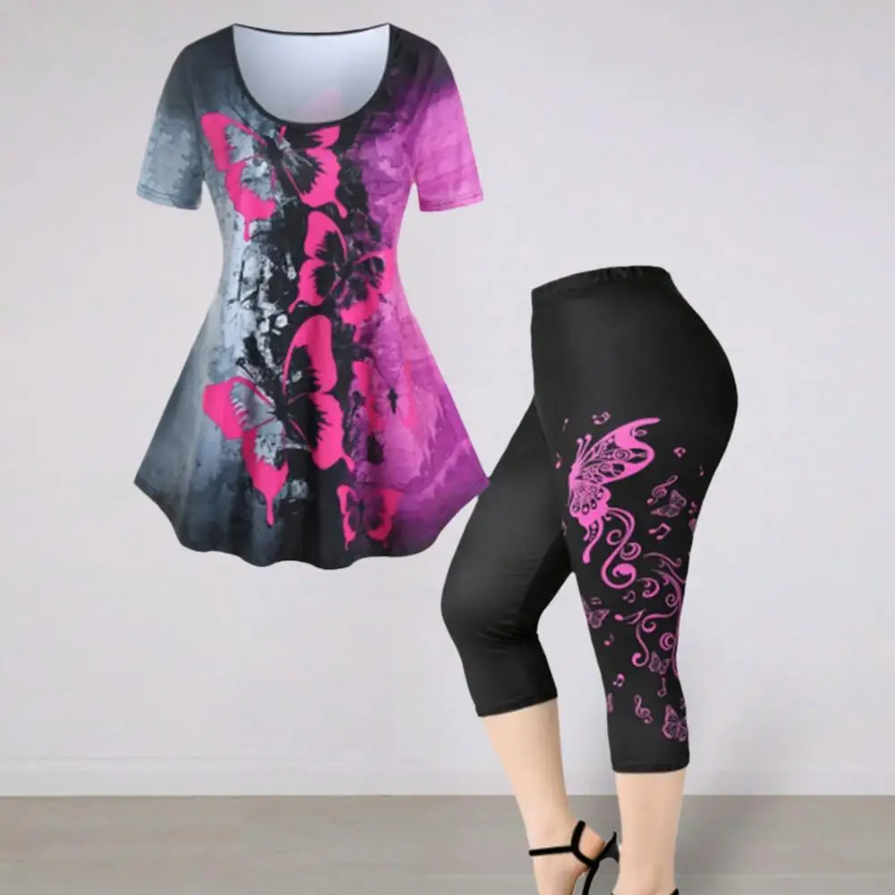 

2Pcs/Set Women O-neck Short Sleeve Loose Hem Tops High Waist Leggings Yoga Pants Printing Sport Outfit Streetwear