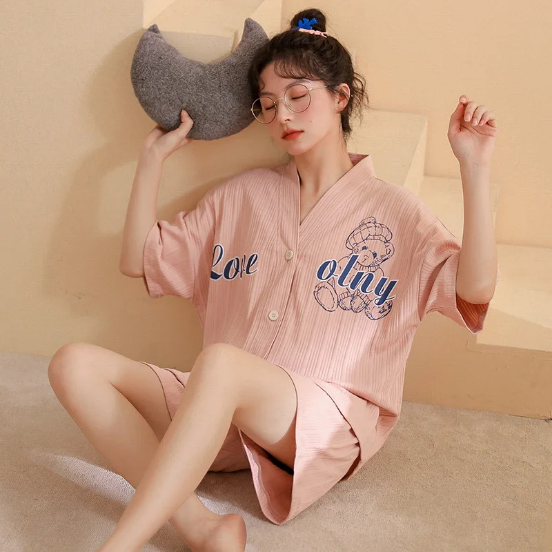 Cotton Women Pajamas Sets Cartoon Pyjamas Female Loungewear Pijamas Short Sleeve Button Down Top Shorts Suit Sleepwear Nightwear