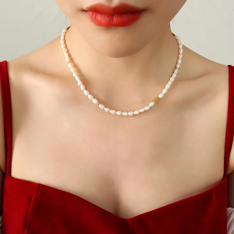 

2023 New Waterproof 18KGF Stainless Steel Baroque Freshwater Pearl Necklace for Women Beaded Choker Fine Jewelry Gift
